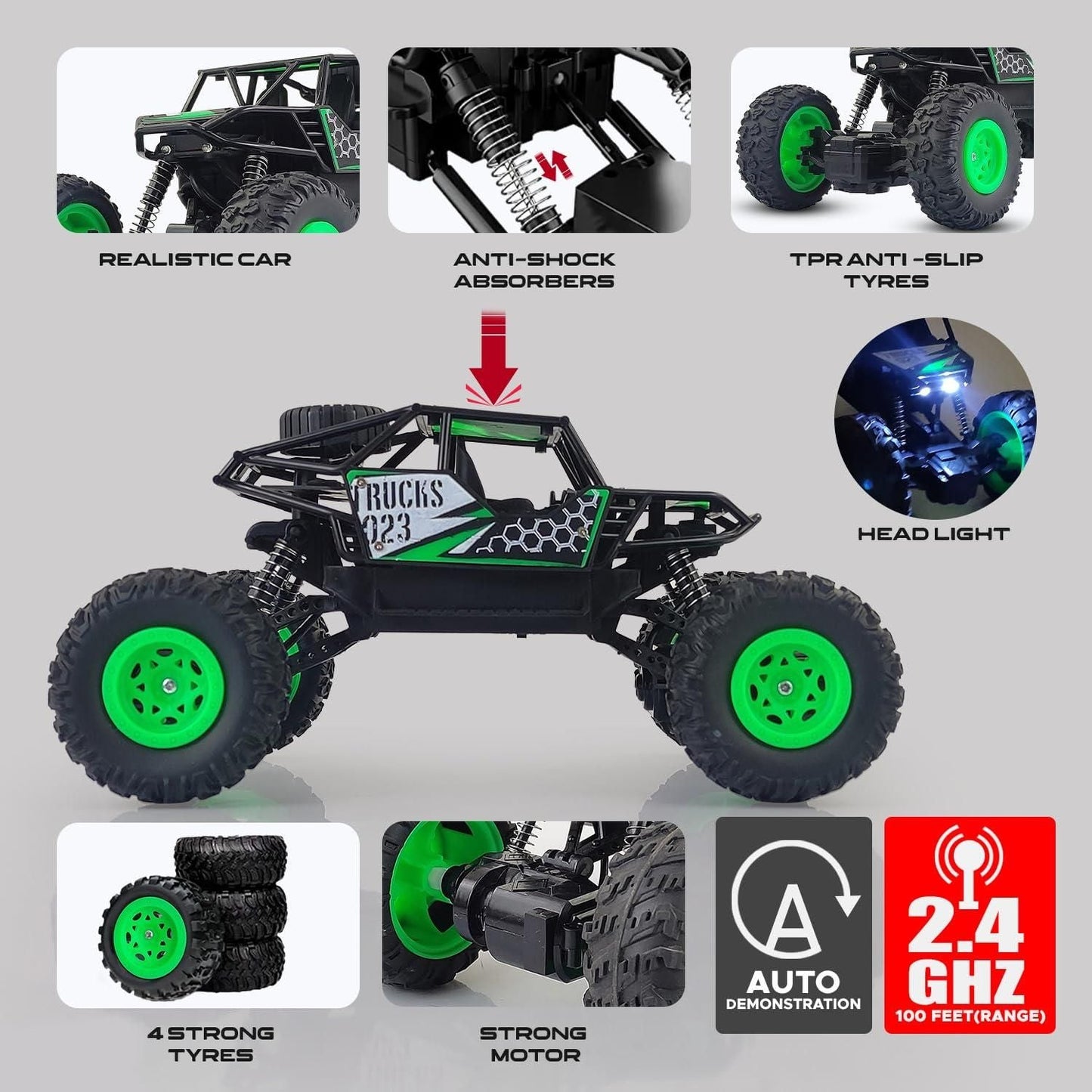 Rechargeable Rock Crawling 2WD 2.4 Ghz 4x4 Rally Car Remote Control Monster Truck (Green) - PrabhStudio3931v9 - wmRechargeable Rock Crawling 2WD 2.4 Ghz 4x4 Rally Car Remote Control Monster Truck (Green)